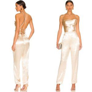 Lovers + Friends Metallic Cream Satin Cowl Back Jumpsuit
